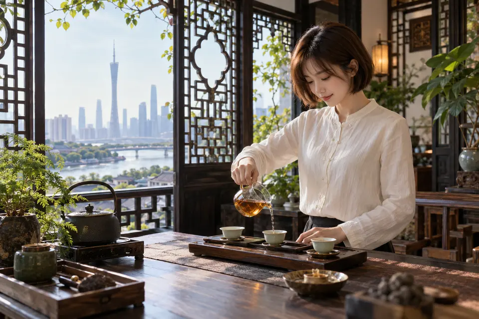 花窗前的公道杯分茶场景，光线柔和