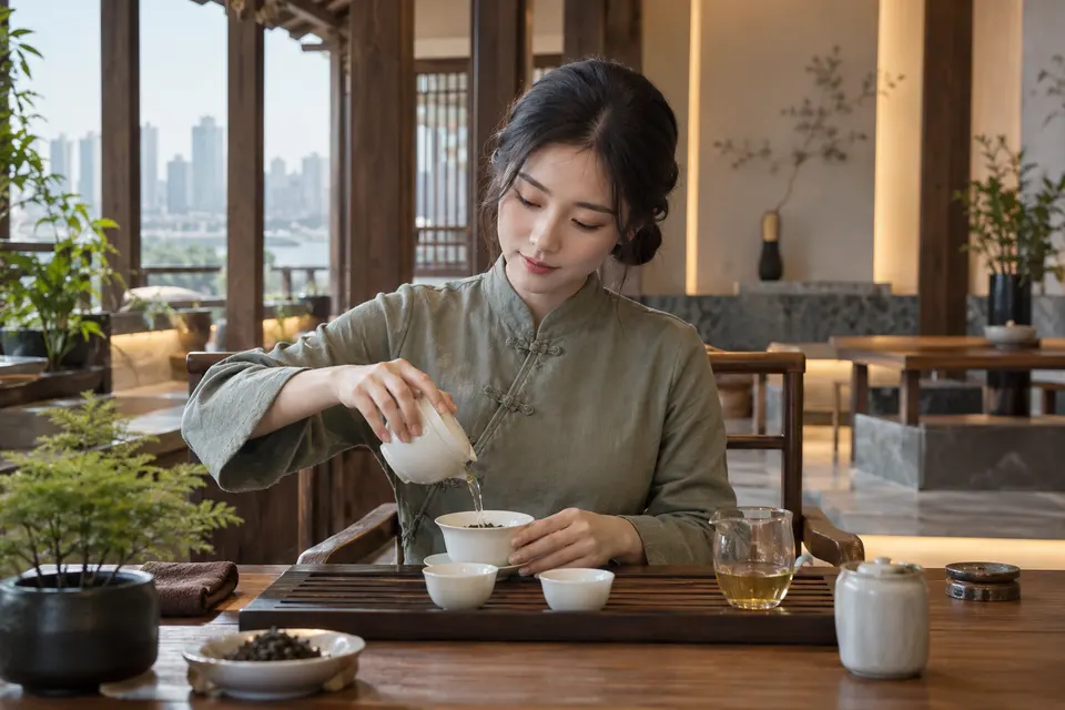 新中式茶席上的盖碗冲泡场景，茶气升起的室内光线