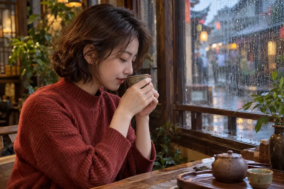 雨天窗边陶杯闻香的安静茶席